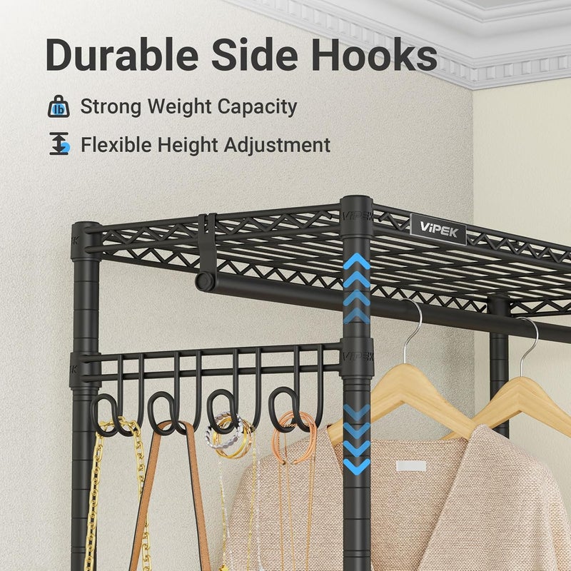 VIPEK R2 Medium Rolling Clothes Rack Heavy Duty Clothing Rack for Hanging Clothes Adjustable Metal Wire Shelving Portable Closet with Wheels Side Hooks, Freestanding Closet Wardrobe, Black - Image 5